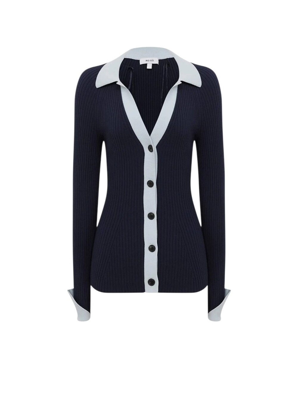 Reiss Alicia Ribbed Bodycon Navy Cardigan w Light Blue Trim Soft Stretchy medium